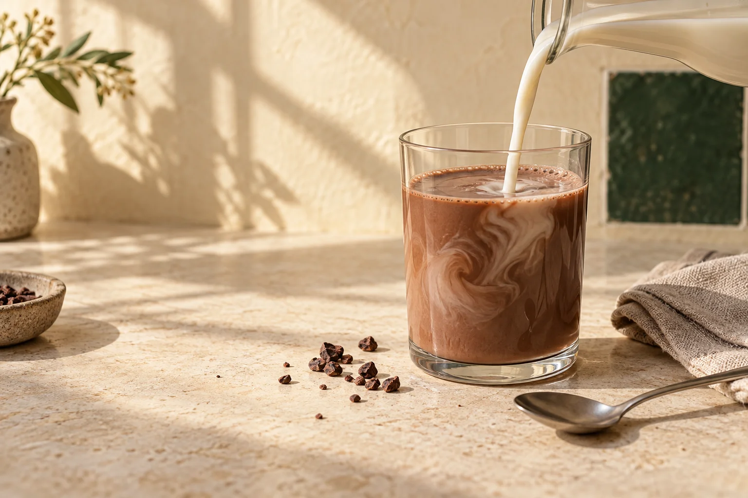 Illustrative cocoa and milk still life; not a named product